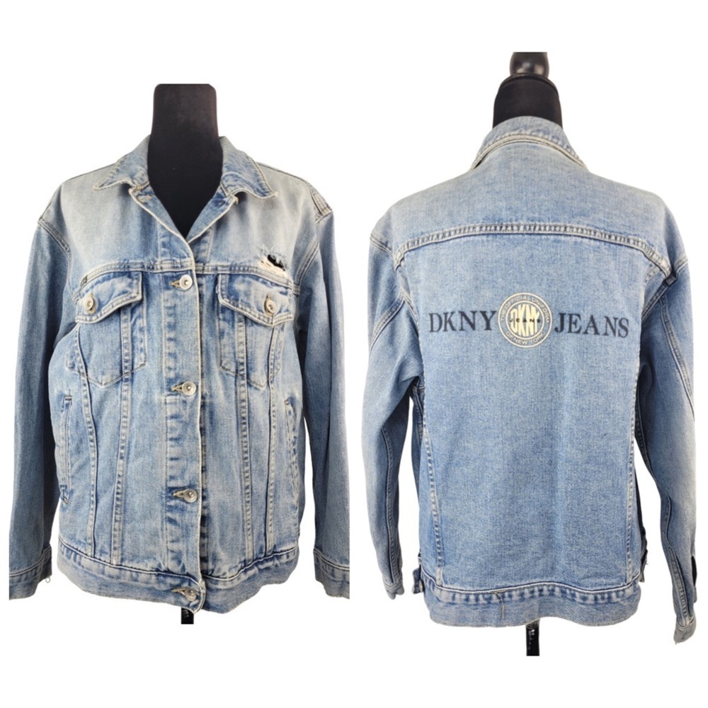 ✅ DKNY Jeans Woman’s blue distressed denim jacket size L